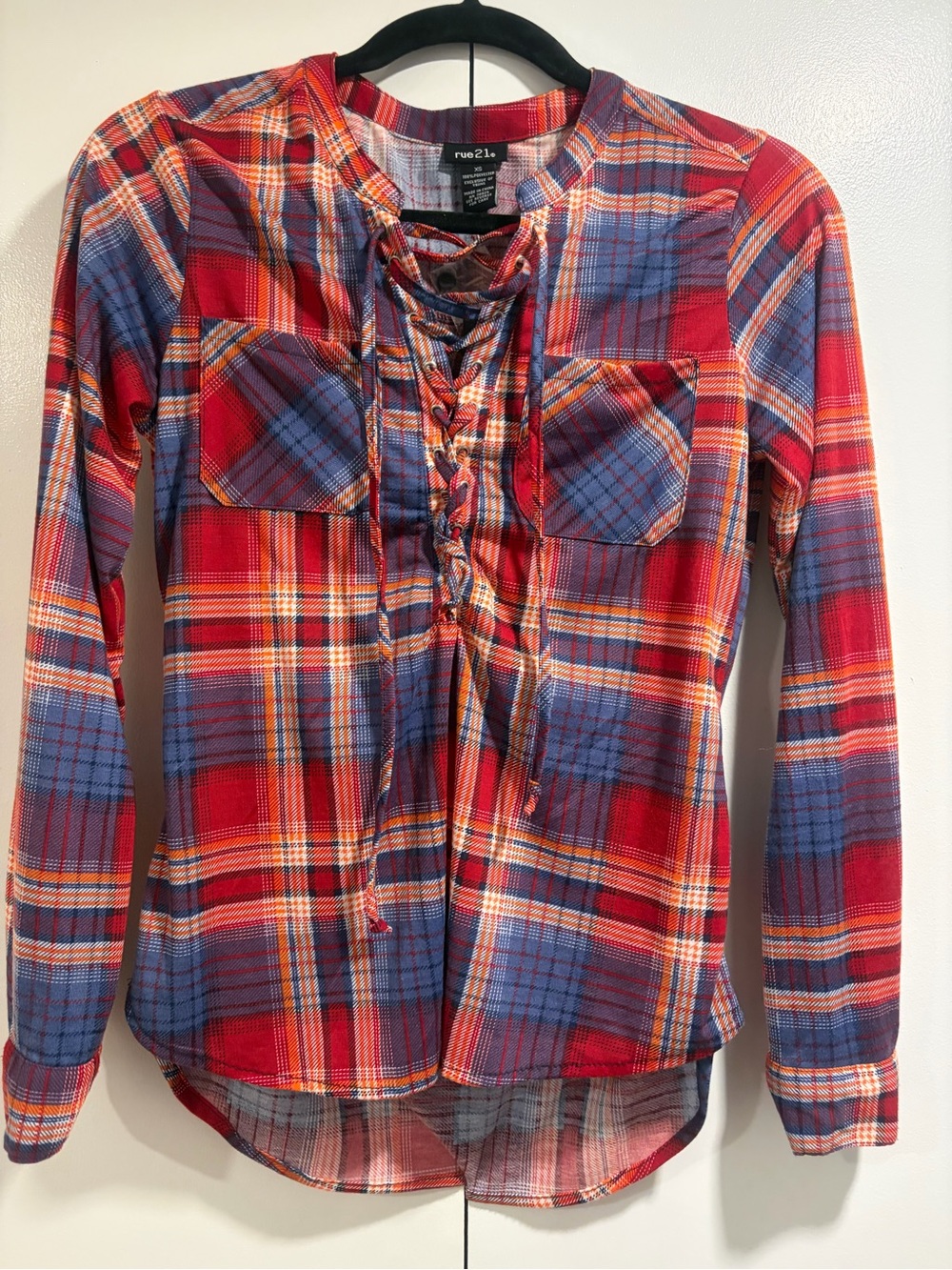 Rue21 Red and Blue Plaid Lace-Up Long Sleeve Blouse